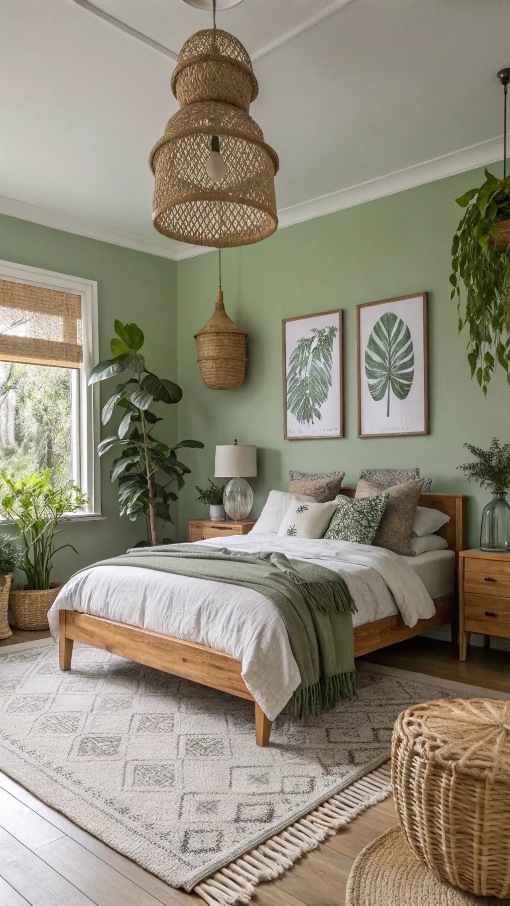 A cozy green bedroom with wooden furniture and plants, featuring botanical prints and soft bedding.