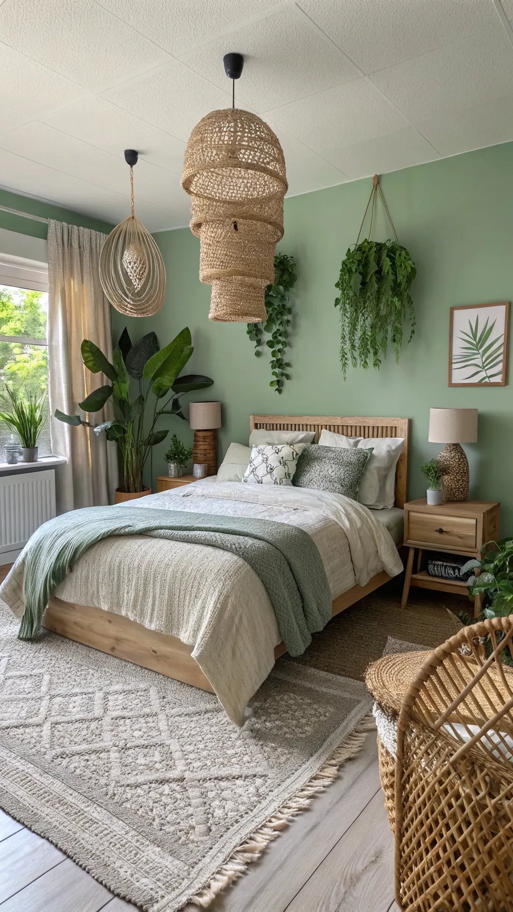 A beautifully decorated green boho bedroom with natural elements like plants, woven lights, and cozy textiles.