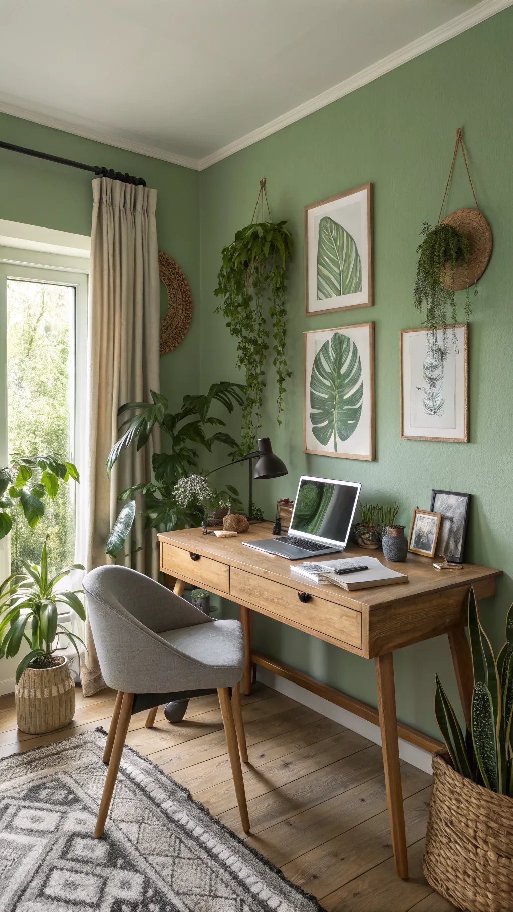 A tranquil home office with green walls, plants, and natural light.