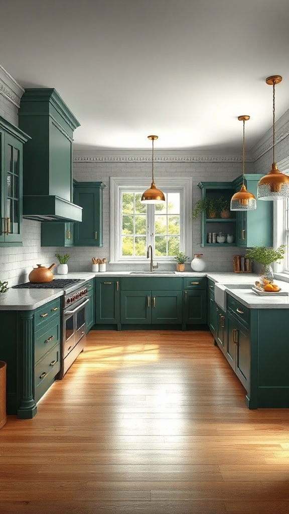 Stylish kitchen with green cabinets and gold accents, featuring modern design and natural light.