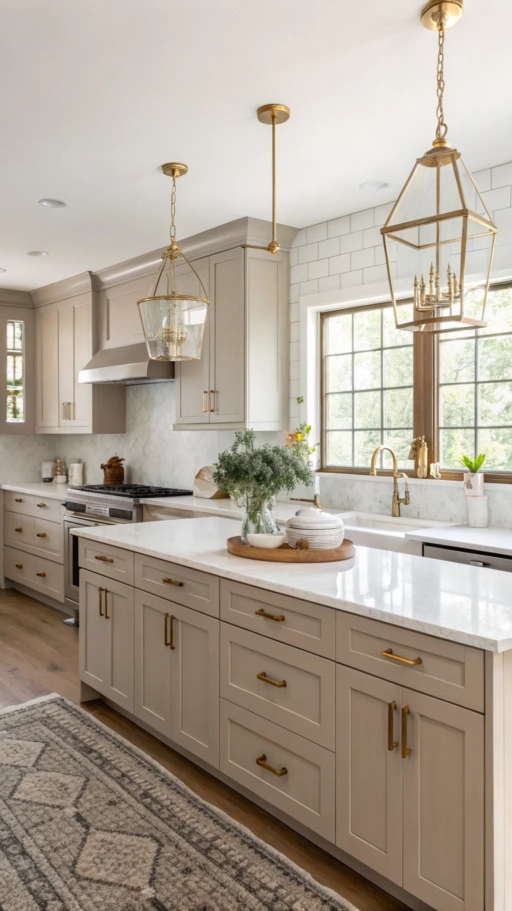 A beautiful kitchen featuring greige cabinets, brass hardware, and elegant light fixtures.