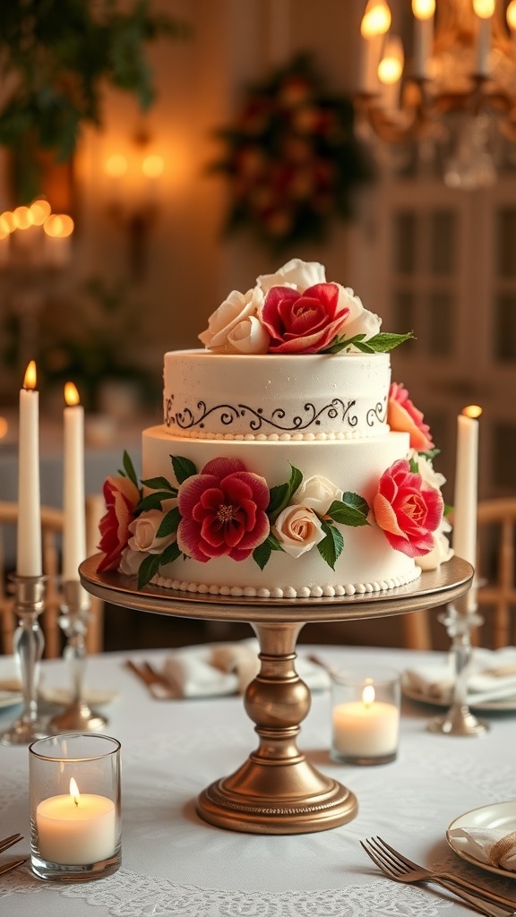 A beautifully decorated wedding cake with guava flavor and cream cheese frosting, adorned with fresh flowers.