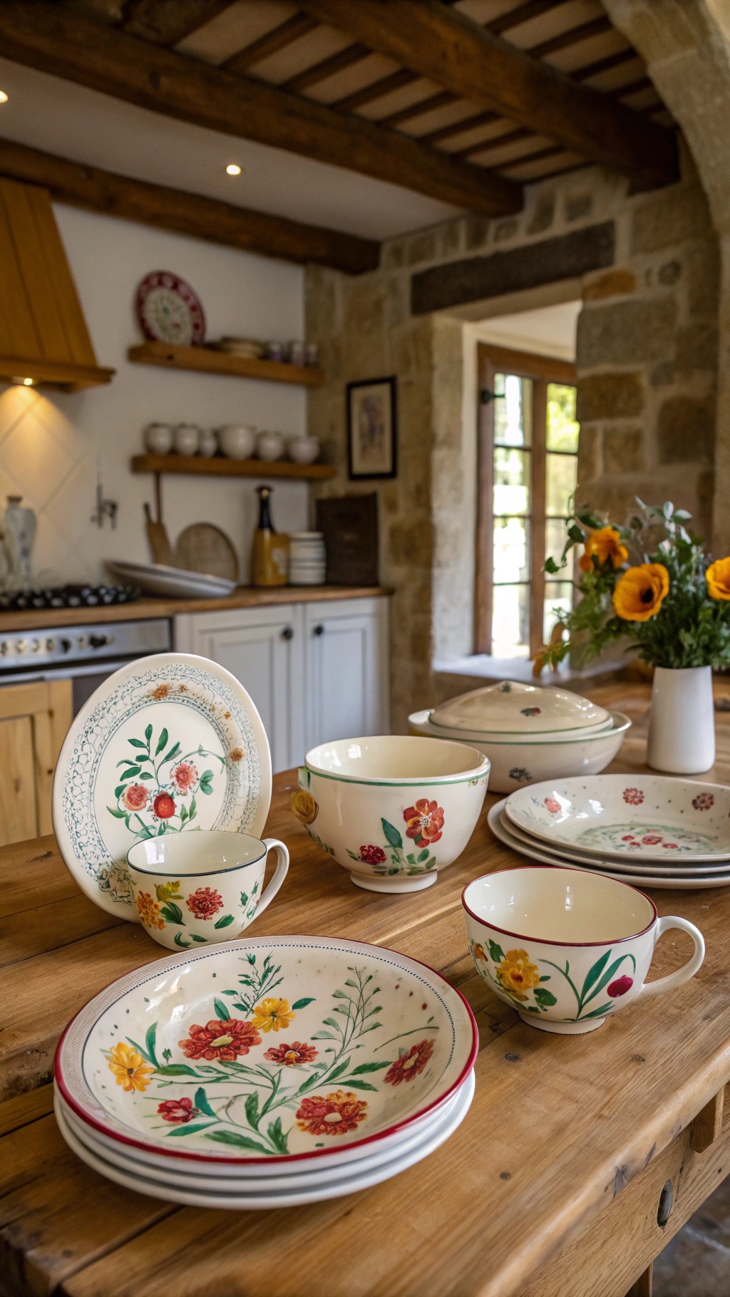 Creating Your Dream French Cottage Kitchen: A Comprehensive Guide Handmade ceramic dishware in a French cottage kitchen, featuring floral designs on bowls and plates.