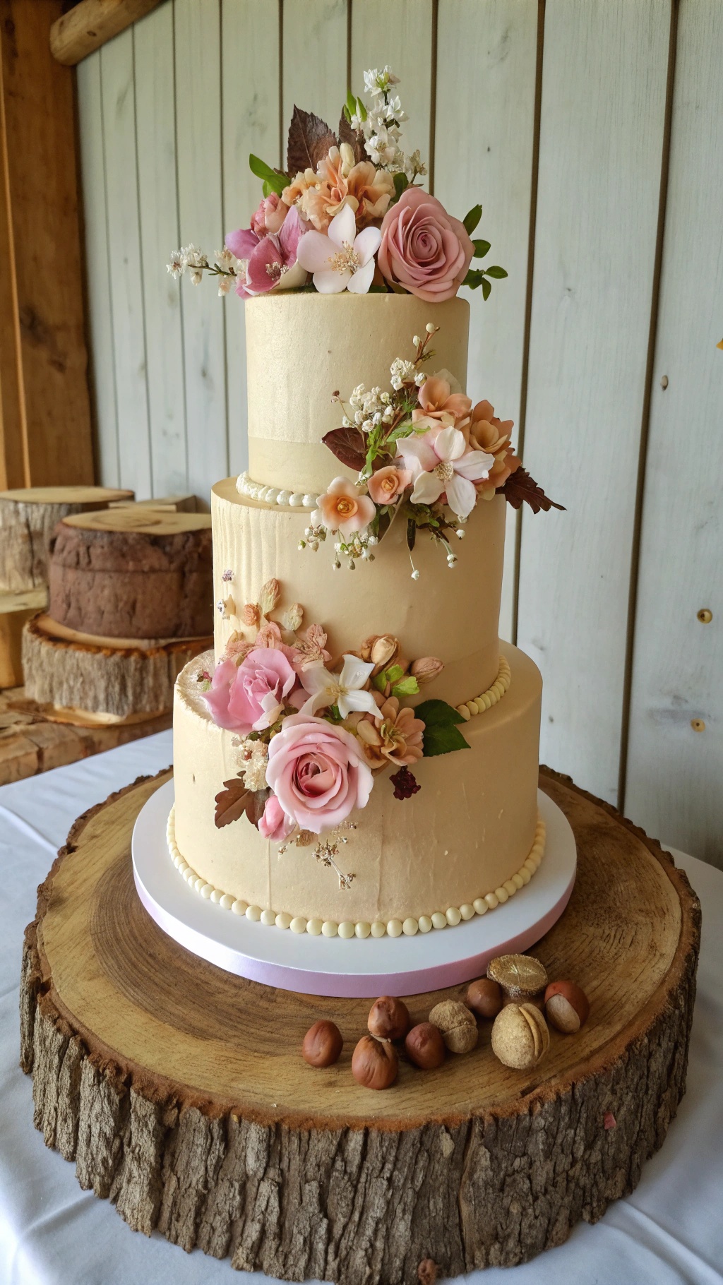 A beautiful three-tier Hazelnut Praline Wedding Cake decorated with flowers on a wooden base. Wedding Cake Designs