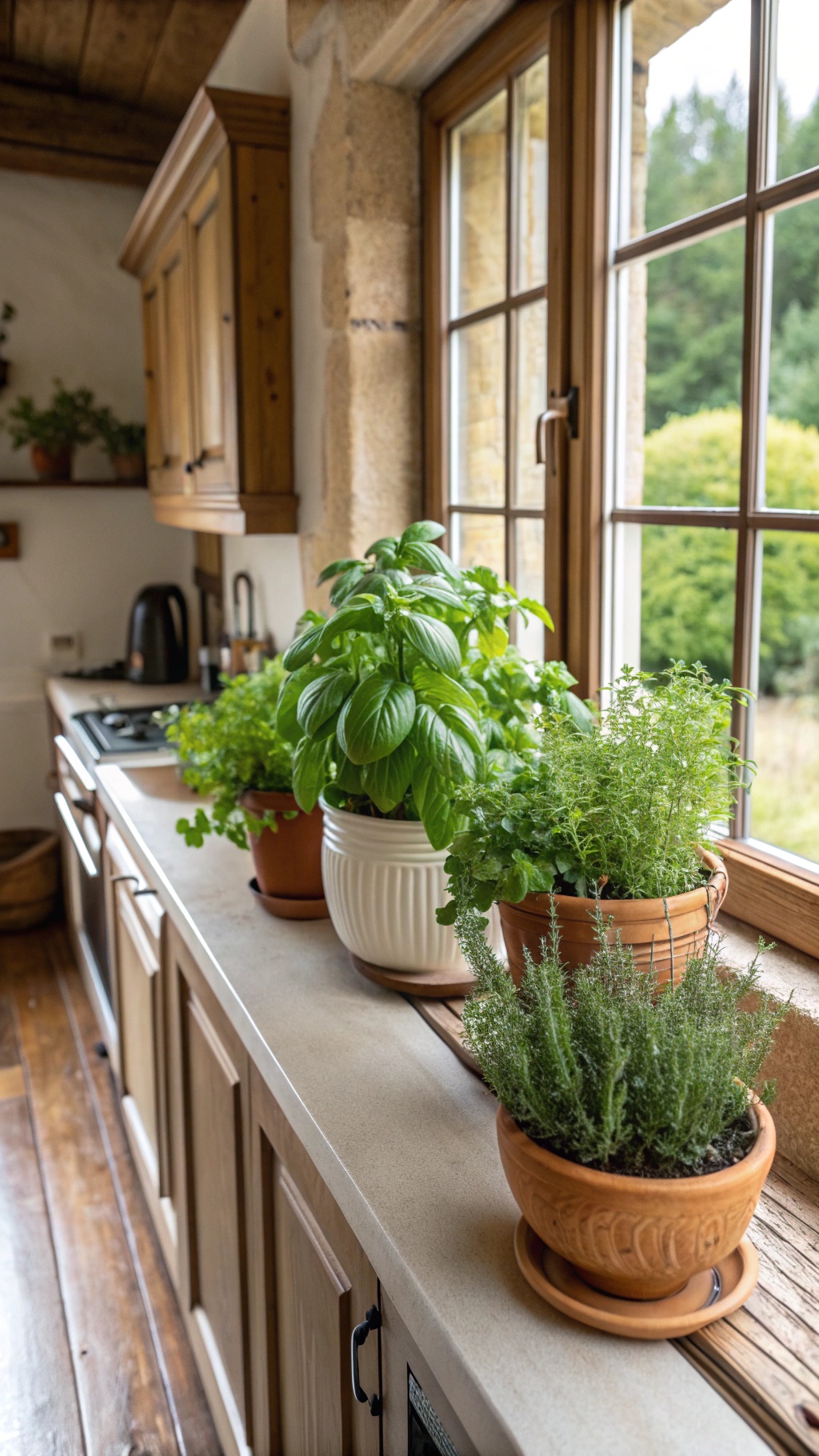 Creating Your Dream French Cottage Kitchen: A Comprehensive Guide A windowsill in a French cottage kitchen with various potted herbs including basil, thyme, and parsley.