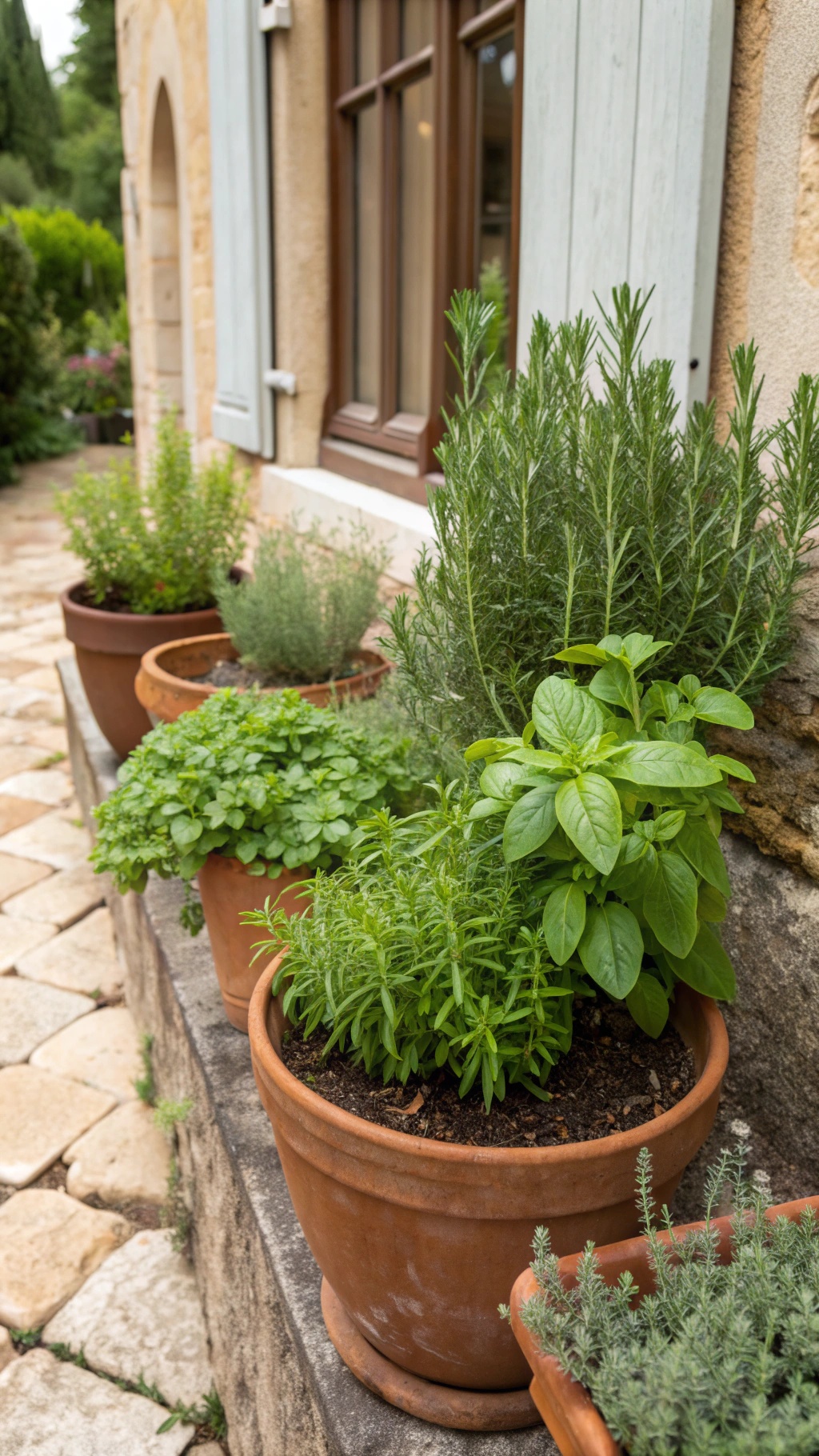Creating Your Dream French Cottage Garden: A Romantic European Escape A charming herb garden with various herbs in terracotta pots beside a cottage.