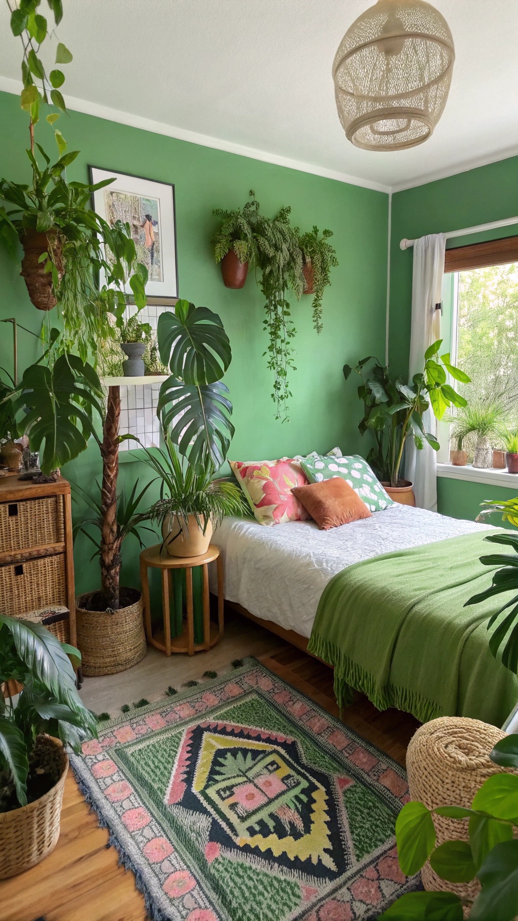 Create Your Dream Green Boho Bedroom: A Sanctuary of Style and Serenity A cozy green boho bedroom filled with various indoor plants, featuring a bed with colorful pillows and a patterned rug.