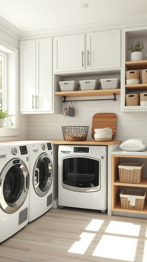 A modern laundry room with white cabinets, open shelves, and a wooden countertop