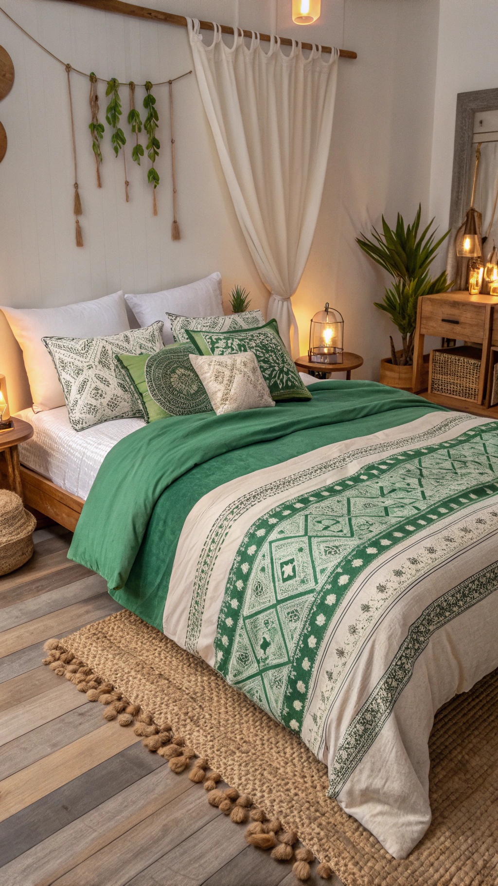 Create Your Dream Green Boho Bedroom: A Sanctuary of Style and Serenity A cozy Green Boho Bedroom featuring layered bedding with various green tones and patterns.
