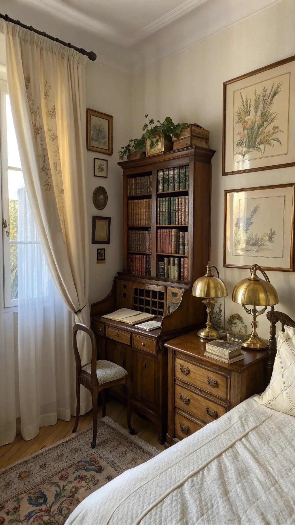 A light academia bedroom featuring a wooden desk, bookshelves filled with classic literature, golden lamps, and soft curtains