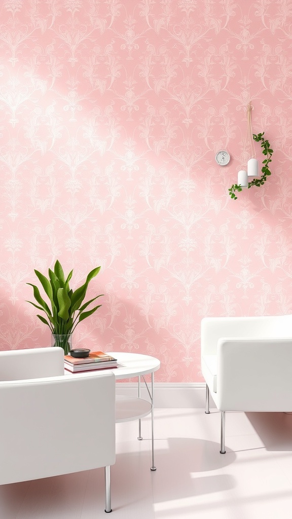 A room with light pink wallpaper featuring a floral pattern, white furniture, and a green plant.