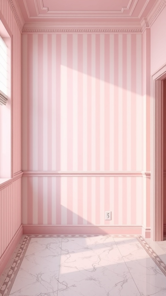 A room with light pink striped wallpaper and marble flooring