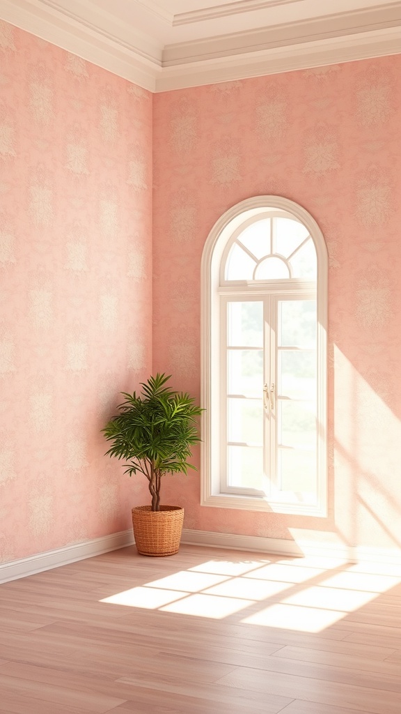 A room with light pink wallpaper, a large window letting in natural light, and a potted plant.