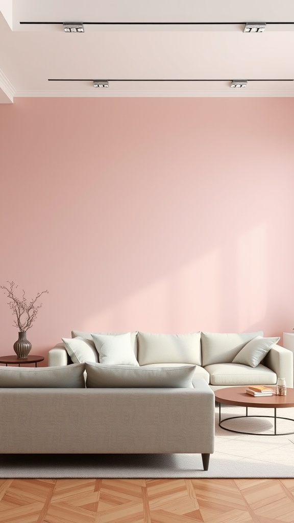 A cozy living room with a light pink accent wall and a neutral sofa.