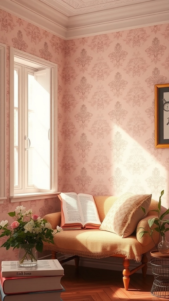 Cozy corner with light pink wallpaper, a sofa, open book, and flowers