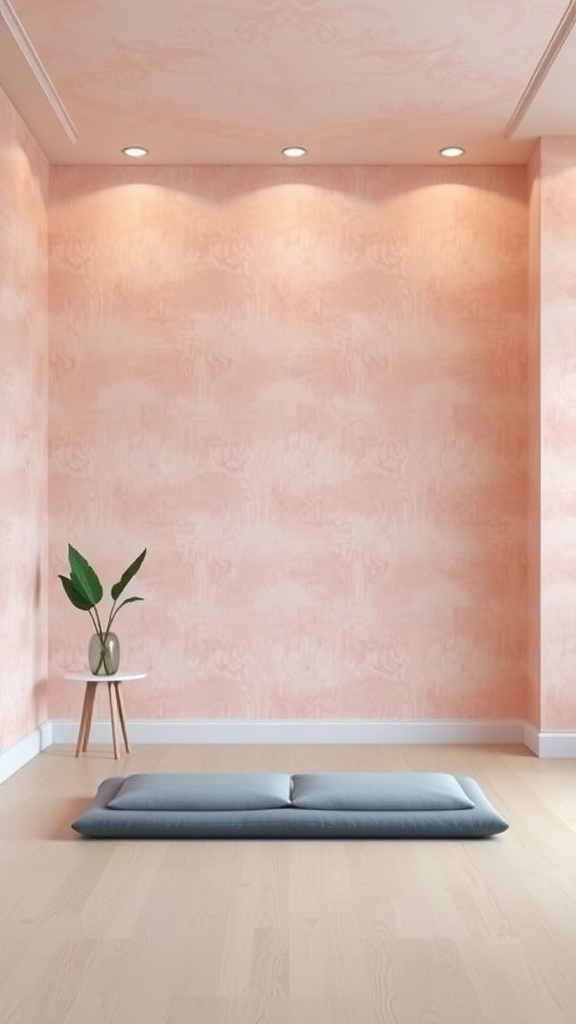 A serene room with light pink wallpaper, a cozy mat on the floor, and a small table with a plant.