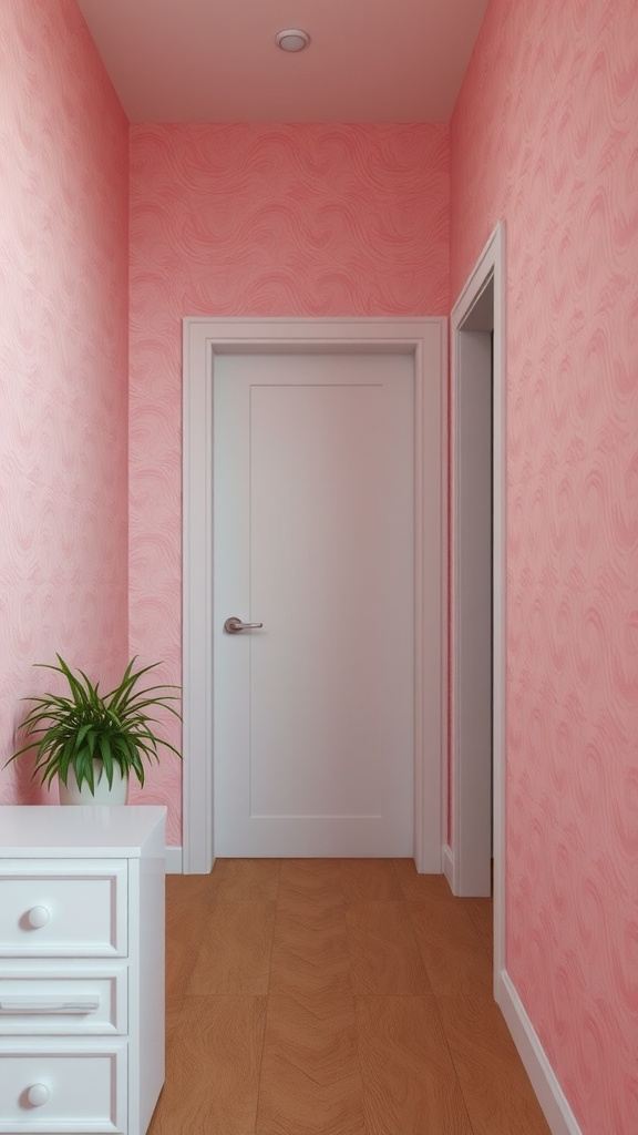 A hallway with light pink wallpaper, a white door, and a small dresser with a plant.