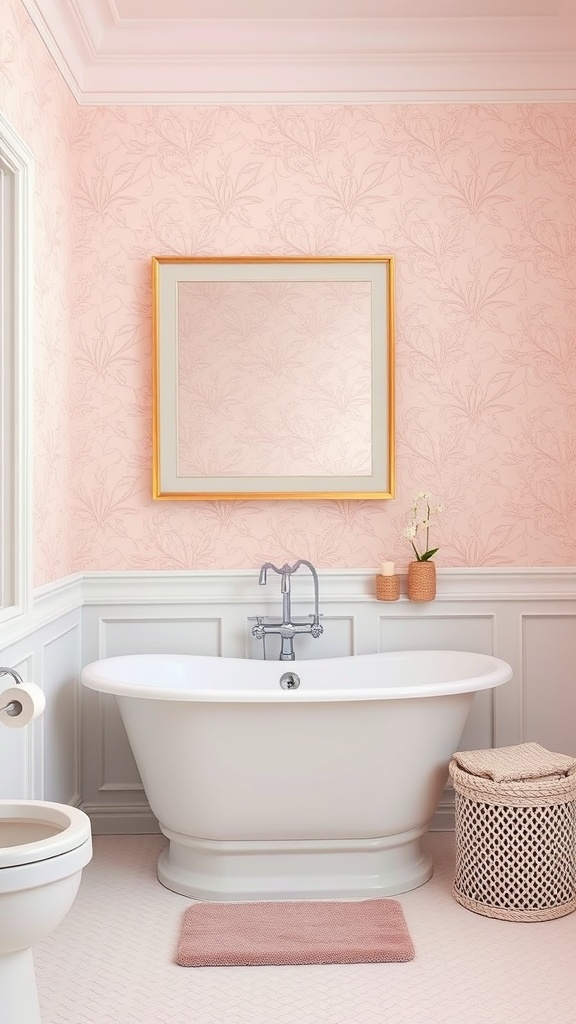 A bathroom with light pink floral wallpaper, a white bathtub, and neutral accessories.
