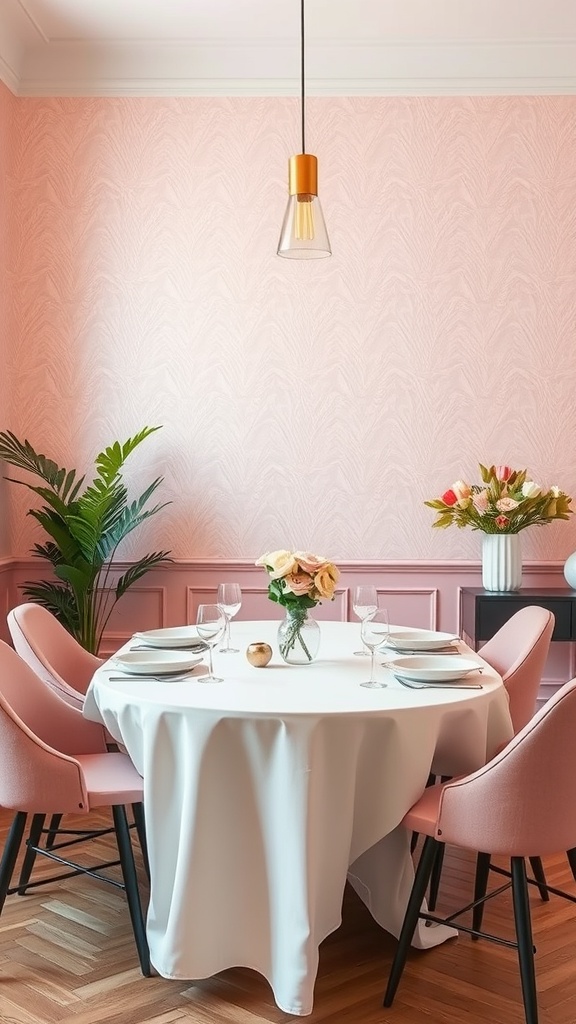 A dining area with light pink wallpaper, a round table set for dinner, pink chairs, and a pendant light.