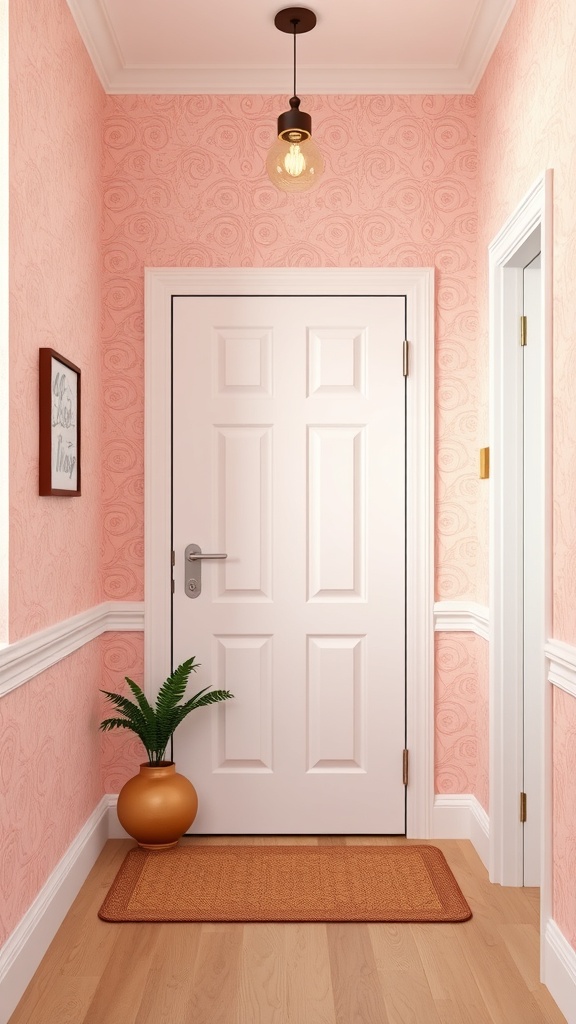 Entryway with light pink wallpaper, white door, and decorative elements.