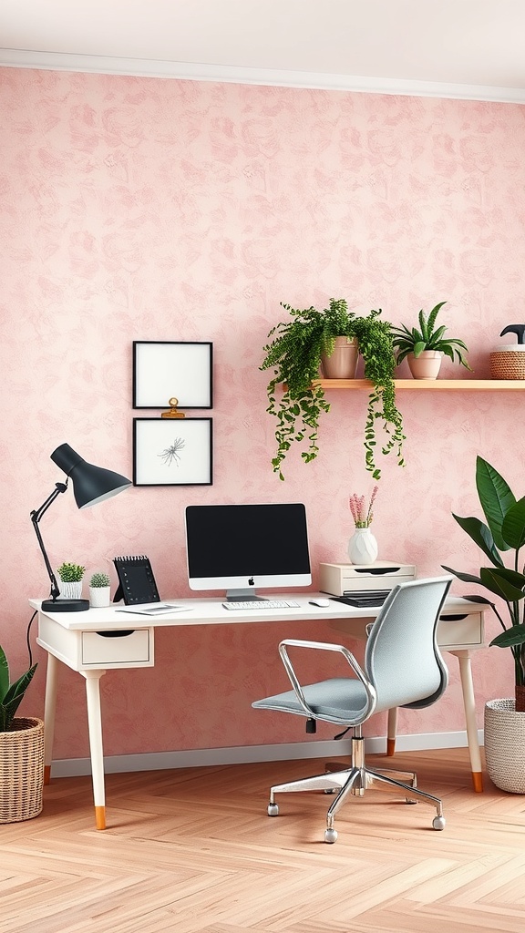 A modern home office featuring light pink wallpaper, a white desk, a stylish chair, and green plants.