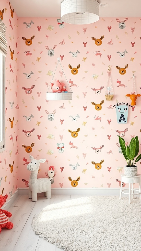 A kids' room with light pink wallpaper featuring playful animal illustrations.