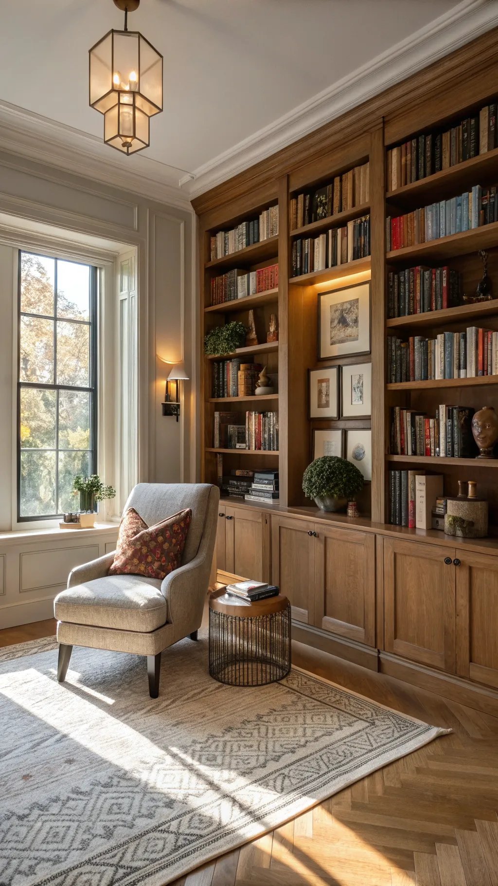 A cozy living room featuring a stylish wooden bookcase filled with books, framed art, and decorative plants, illuminated by warm lighting.