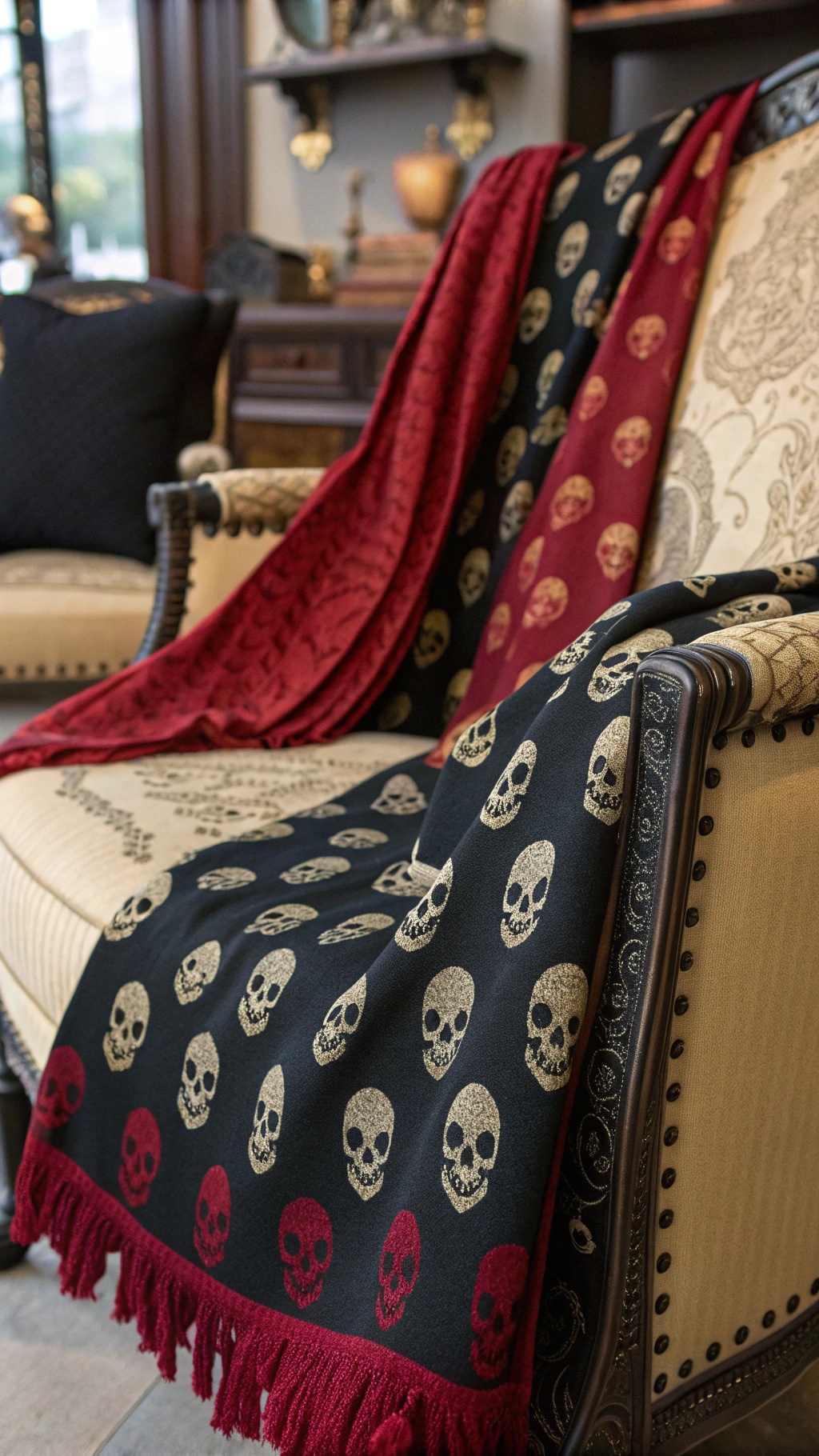 Whimsical Goth Room Decor: Crafting a Magical, Moody Sanctuary A cozy chair with skull-patterned throws in red and black, showcasing macabre themed textiles.