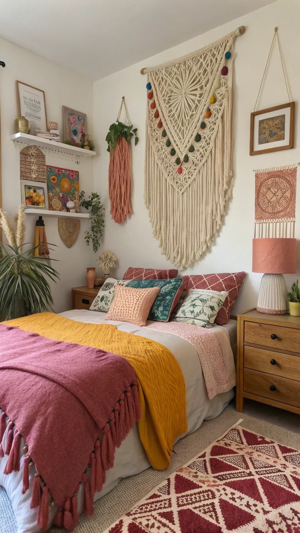 Create Your Dream Green Boho Bedroom: A Sanctuary of Style and Serenity A cozy Green Boho Bedroom featuring macrame wall hangings, colorful textiles, and plants.