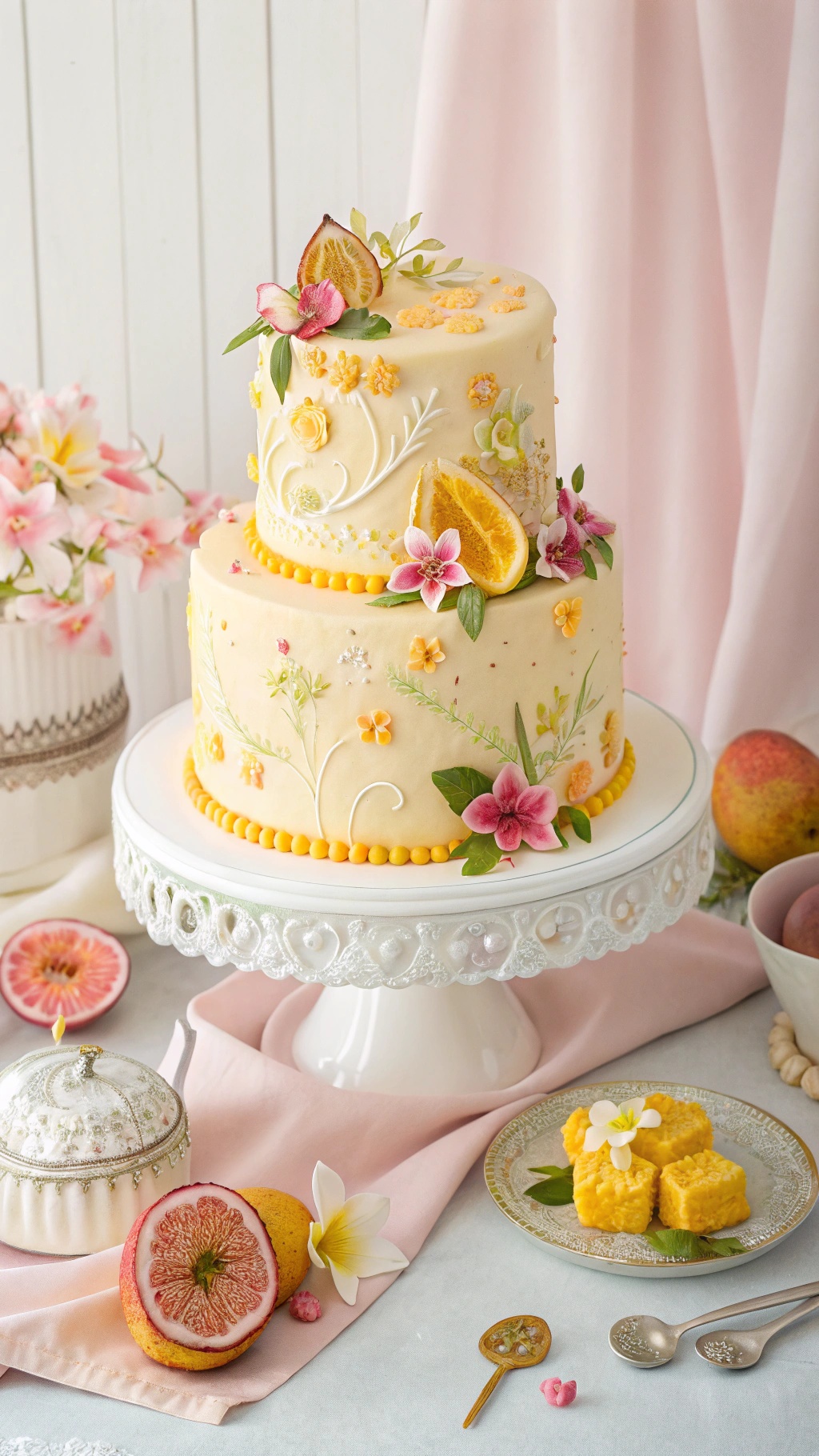 A beautifully decorated two-tiered Mango Passionfruit Wedding Cake with flowers and fruit accents.
