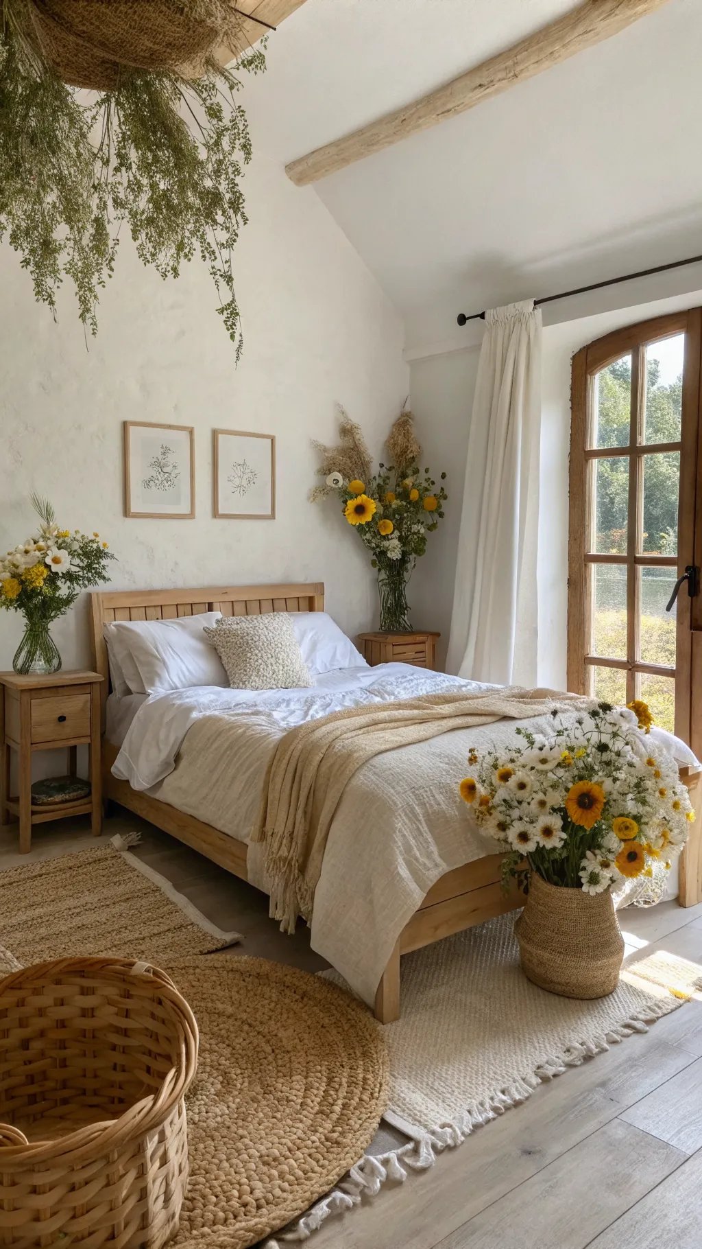 A cozy minimalist cottagecore bedroom featuring a wooden bed, floral arrangements, and layered rugs.
