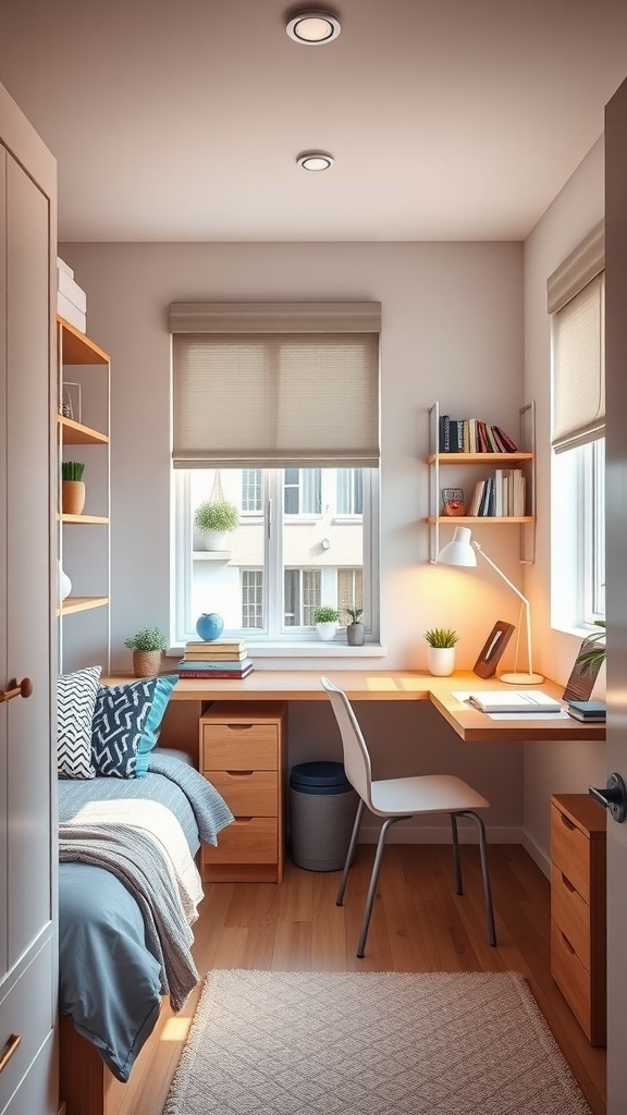 A modern college dorm room with cozy design elements and functional furniture.