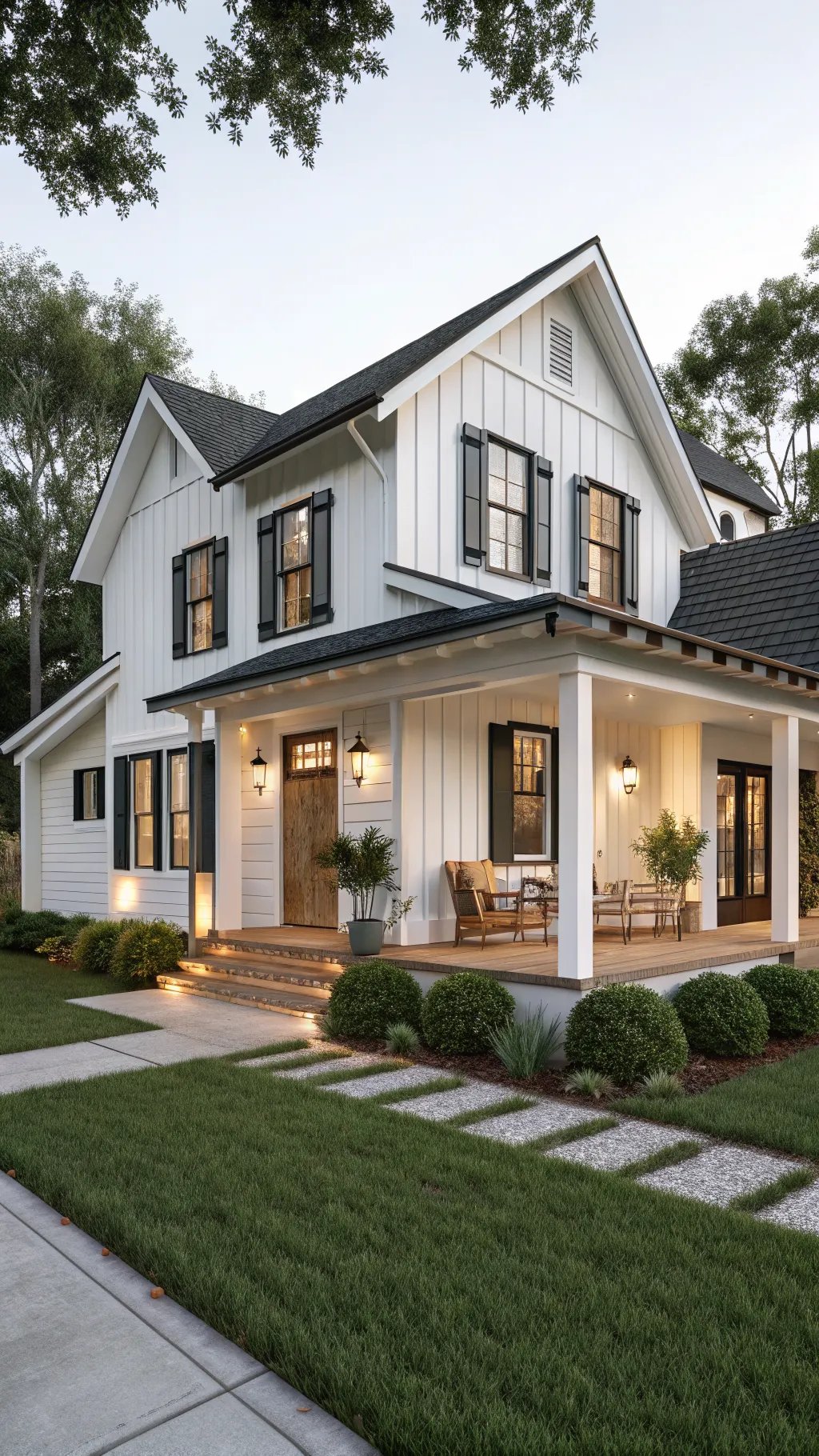 A modern cottage with white siding, dark shutters, and a welcoming porch surrounded by greenery.