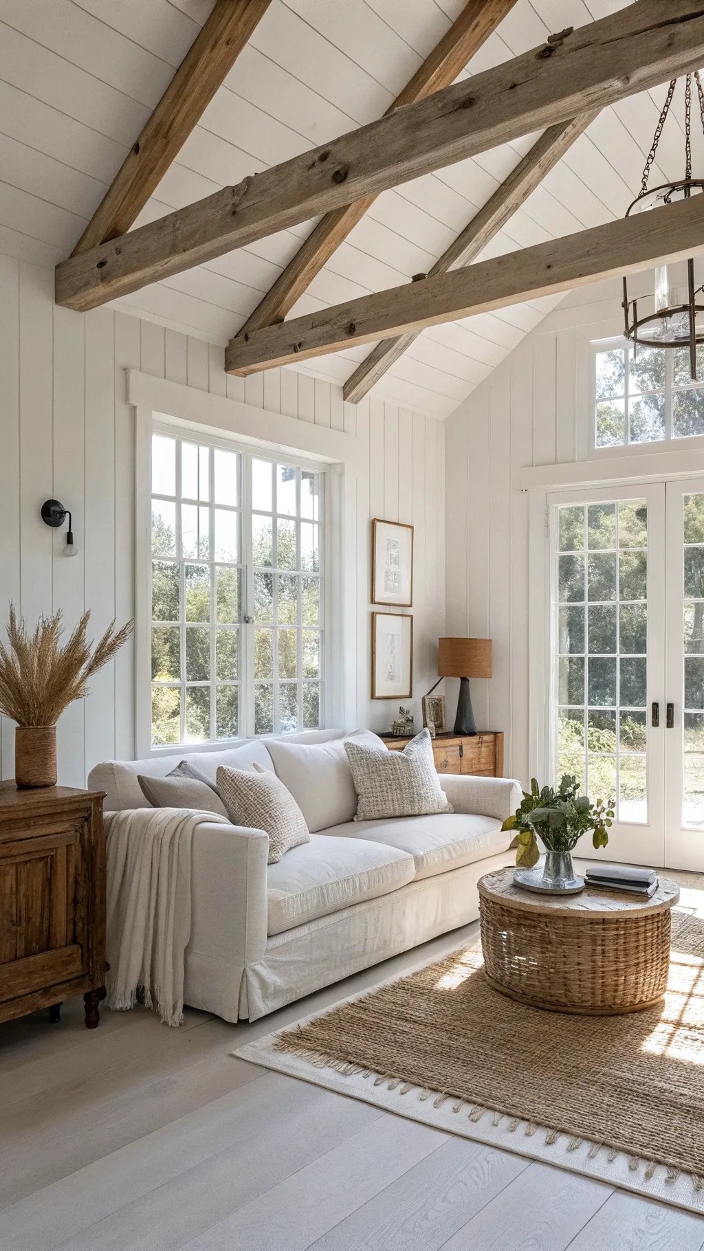 A modern minimalist cottage living room with white walls, wooden beams, and comfortable furnishings.