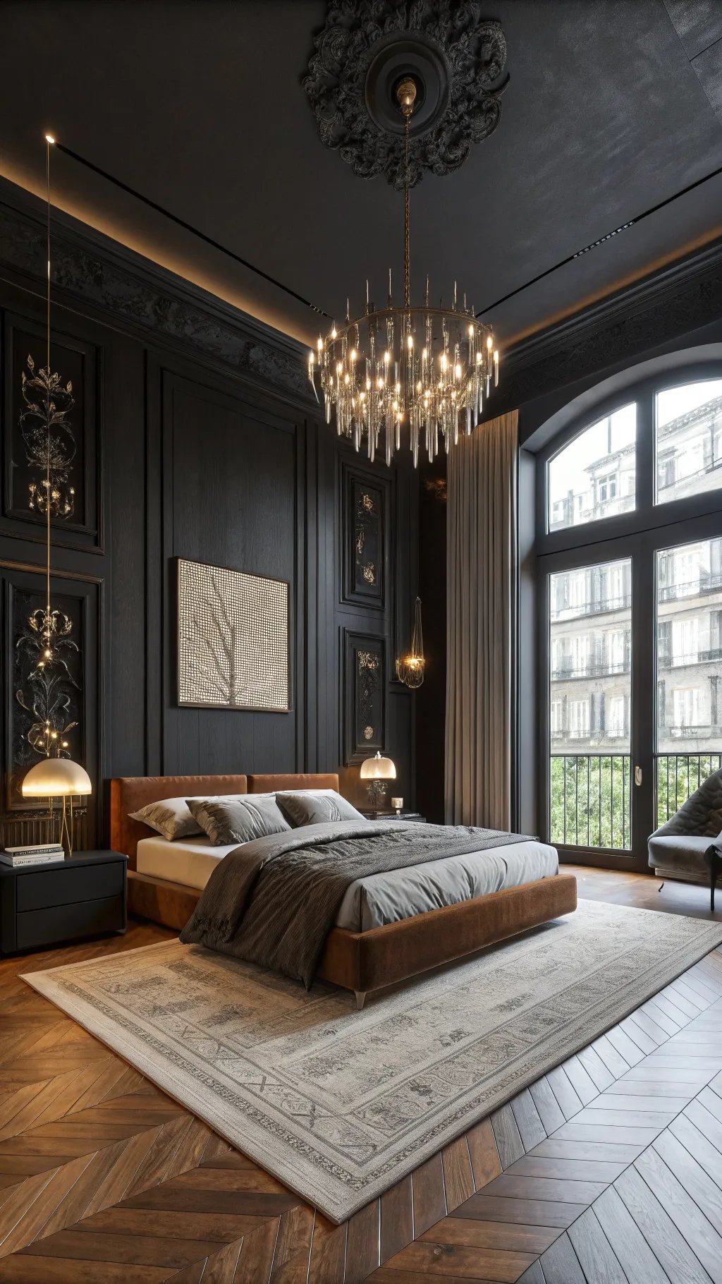 A modern dark bedroom with a luxurious design featuring a chandelier, dark walls, and natural light from large windows.