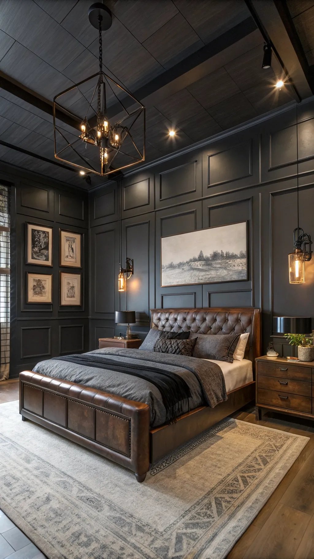 A modern men's bedroom featuring dark paneled walls, a tufted leather bed, and sophisticated lighting.