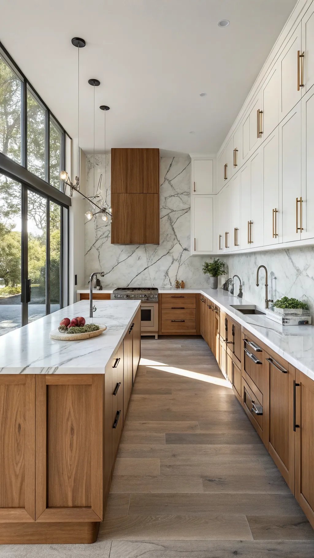 Modern kitchen with two-tone cabinetry in wood and white, featuring elegant design elements.
