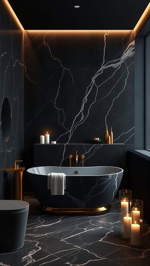 A luxurious moody bathroom featuring dark marble walls, a stylish bathtub, and golden accents