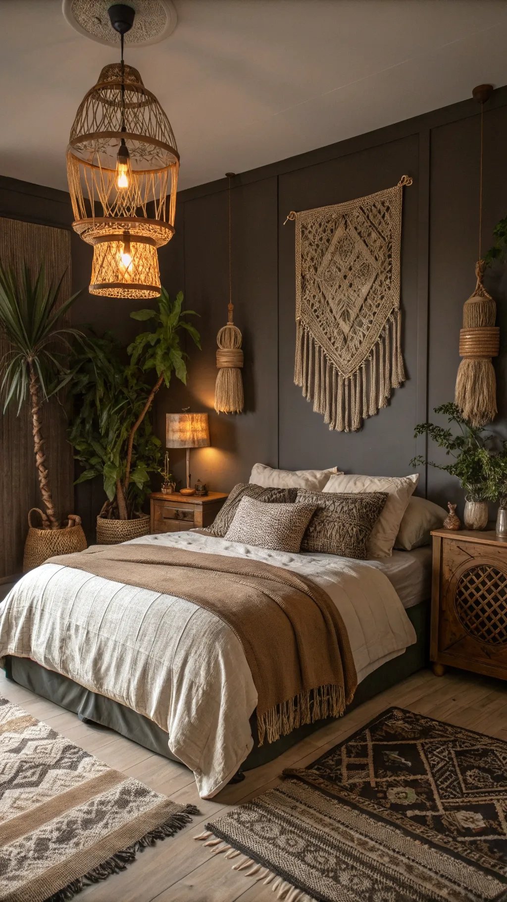 A cozy moody boho bedroom featuring warm colors, natural elements, and stylish decor.