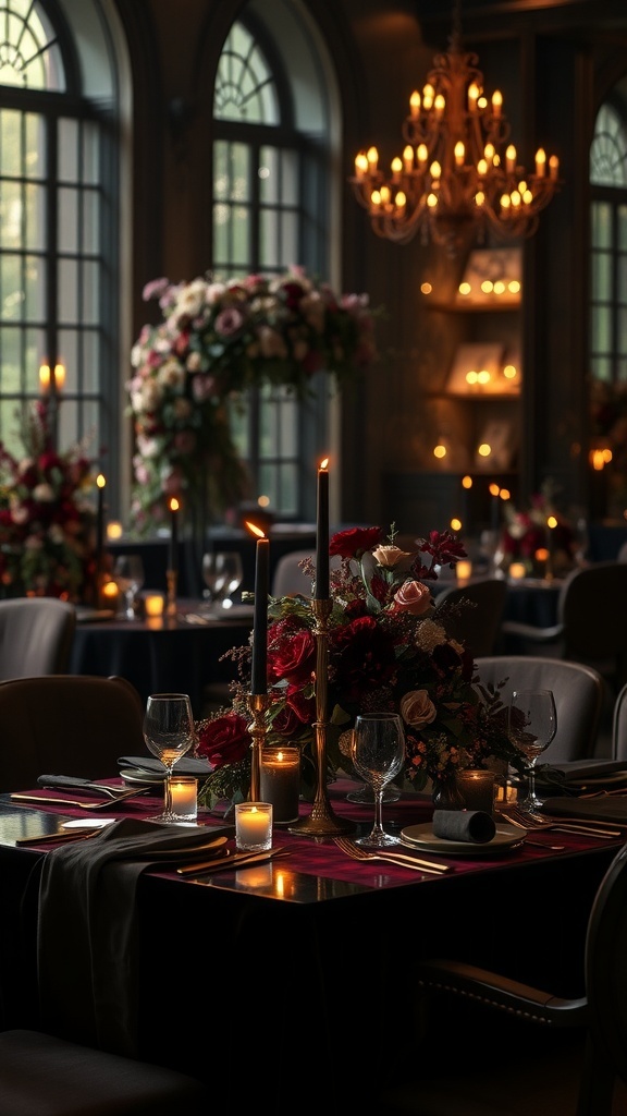 Elegant fall wedding setup with rich colors and candlelight