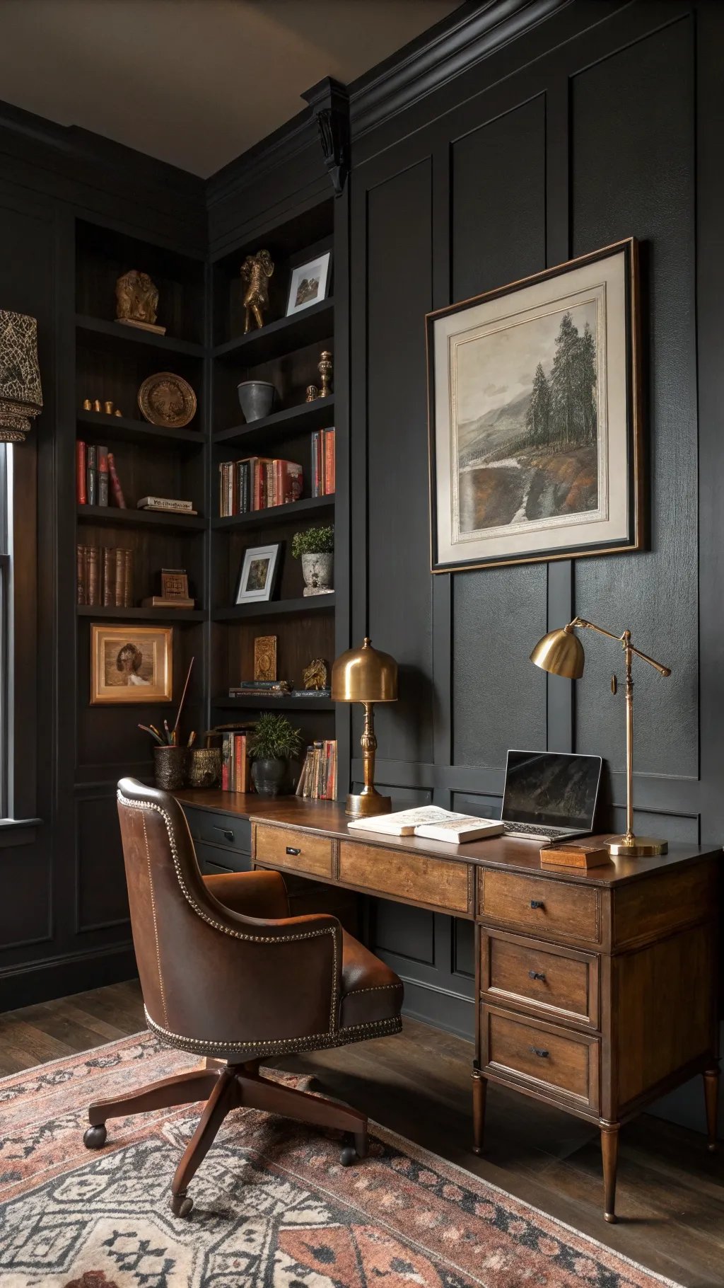 A cozy home office featuring dark walls, a wooden desk, decorative shelves, and stylish office accessories.