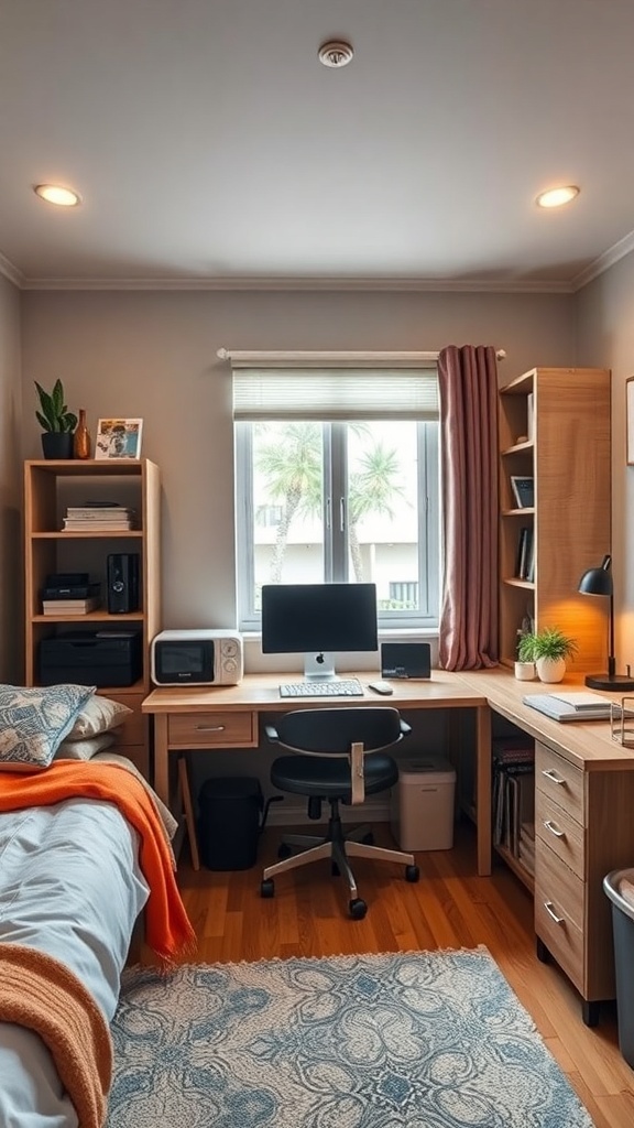 A cozy and organized dorm room setup with a bed, desk, and shelves.