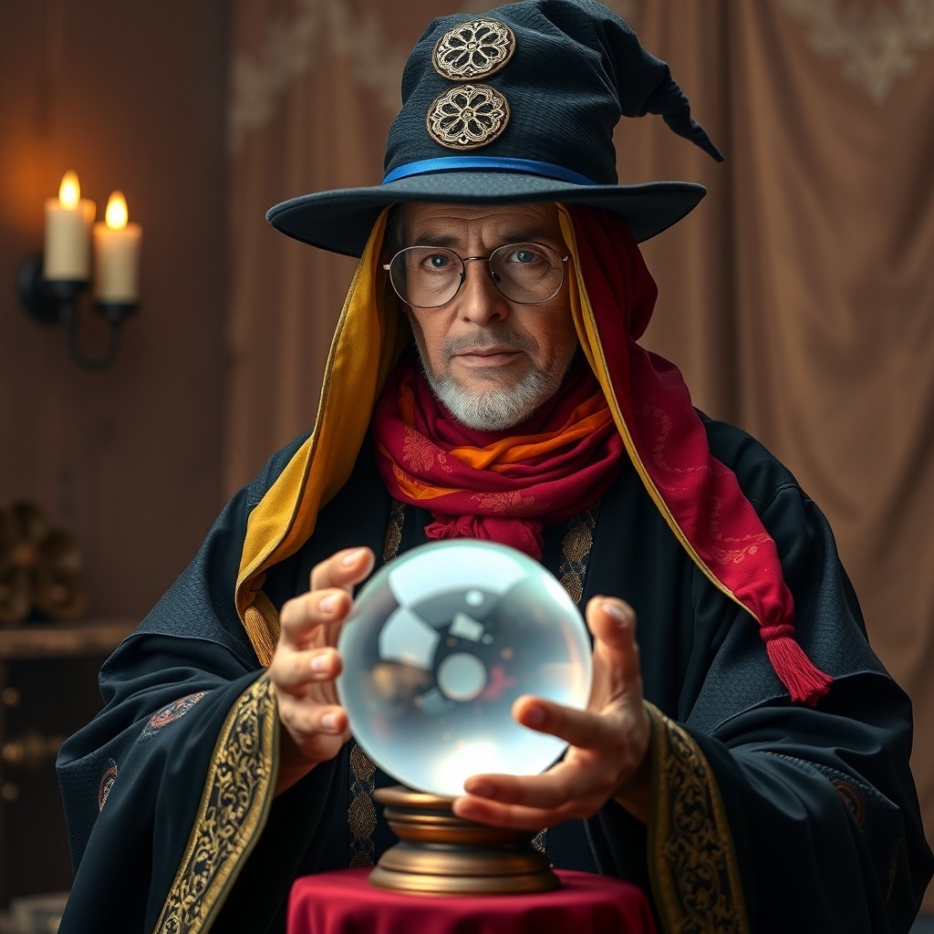 50 Spooktacular Halloween Costumes for Every Theme and Style A fortune teller in a mystical setting, holding a crystal ball and wearing a vibrant hat and robes.