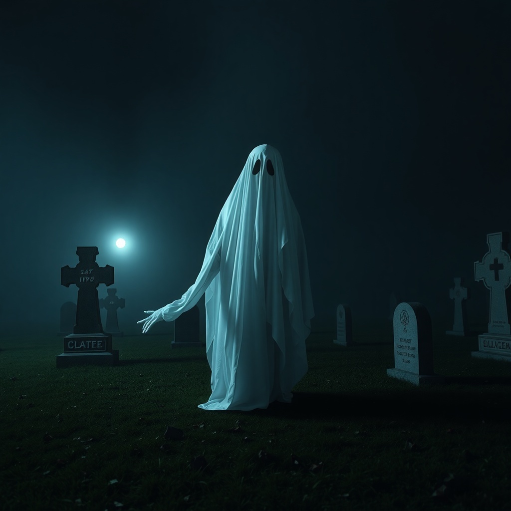 50 Spooktacular Halloween Costumes for Every Theme and Style A ghostly figure in a graveyard, wearing a white sheet with dark eyes, surrounded by tombstones under moonlight.