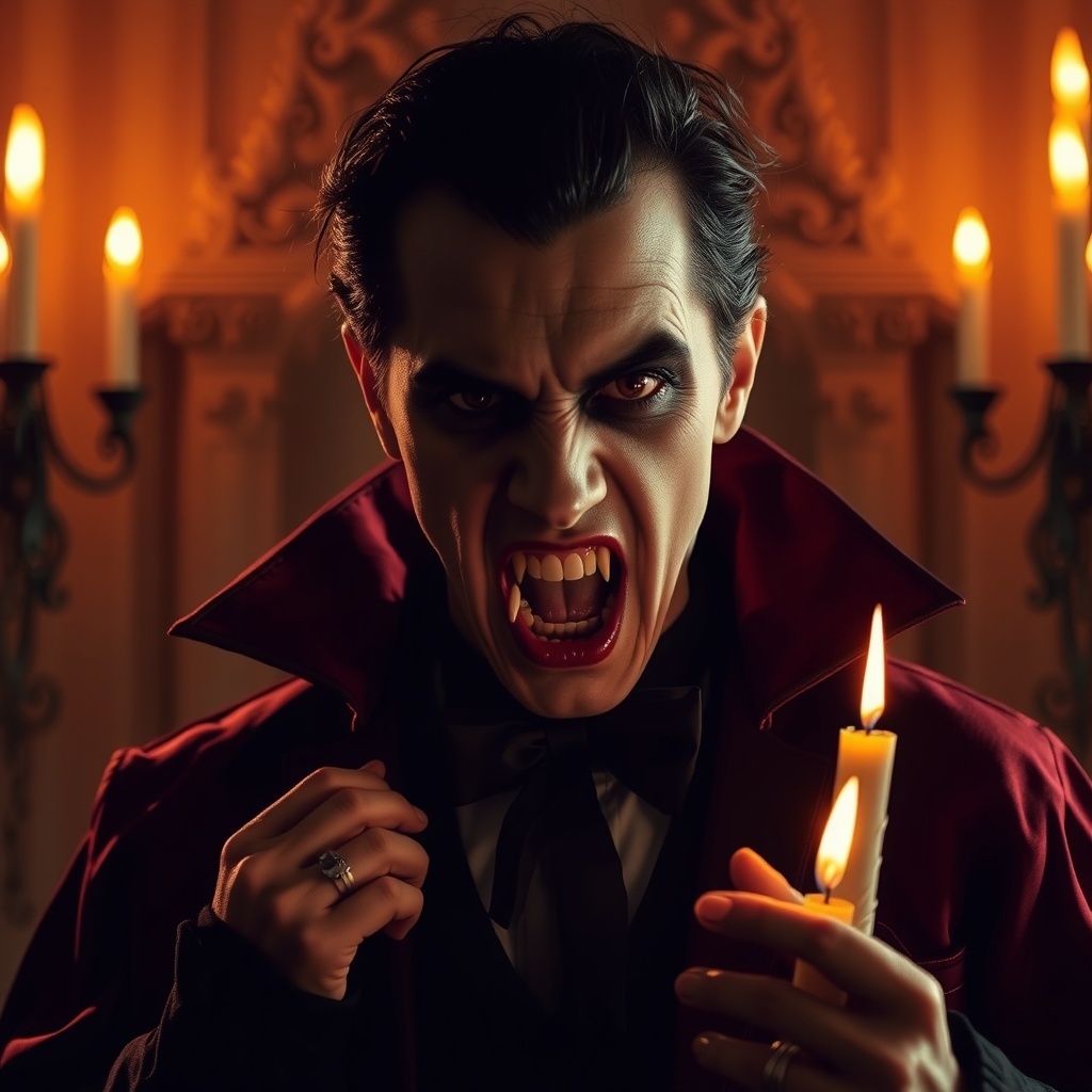 50 Spooktacular Halloween Costumes for Every Theme and Style A vampire in a dark cape with fangs, holding a candle, set against a backdrop of flickering candles.