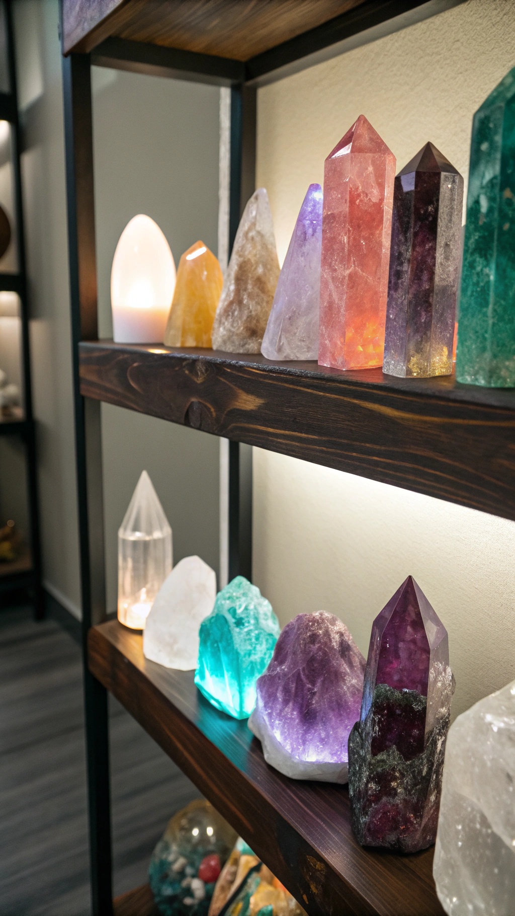 Whimsical Goth Room Decor: Crafting a Magical, Moody Sanctuary A wooden shelf displaying various colorful crystals, some illuminated, creating a mystical atmosphere.