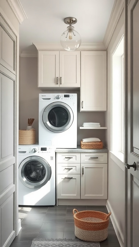 A narrow laundry room with stacked washer and dryer, gray cabinetry, and neatly organized decor.
