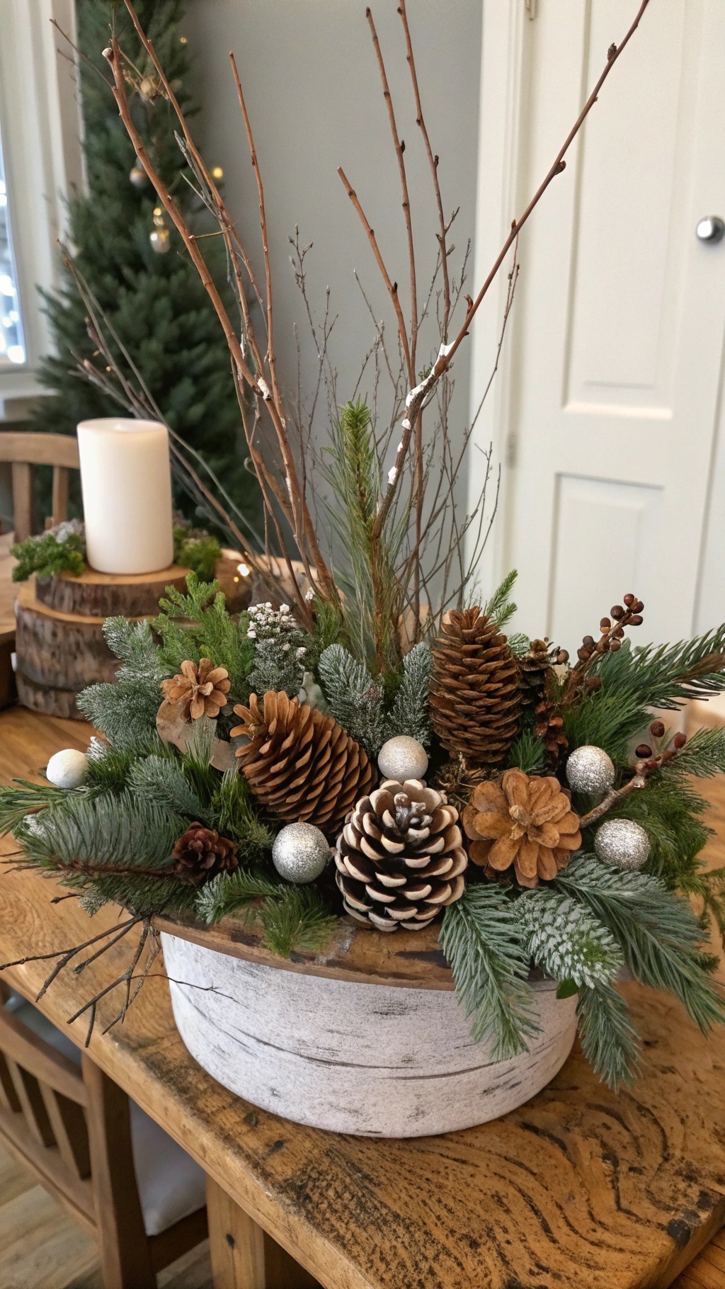 Winter Decor Ideas for the Home That'll Make Your Home Feel Like a Cozy Snow Globe A winter decor arrangement featuring pinecones, greenery, and twigs in a rustic container.