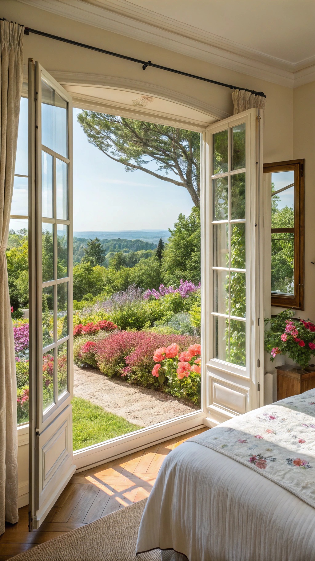 How to Create Your Dream French Country Bedroom A bright French Country Bedroom with large windows open to a colorful garden view.