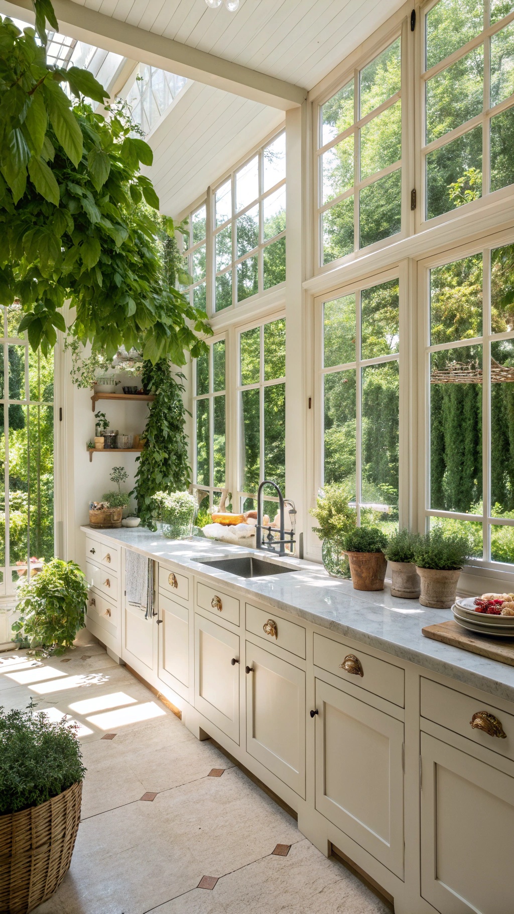 Creating Your Dream French Cottage Kitchen: A Comprehensive Guide A bright and airy French Cottage Kitchen with large windows, marble countertops, and greenery.
